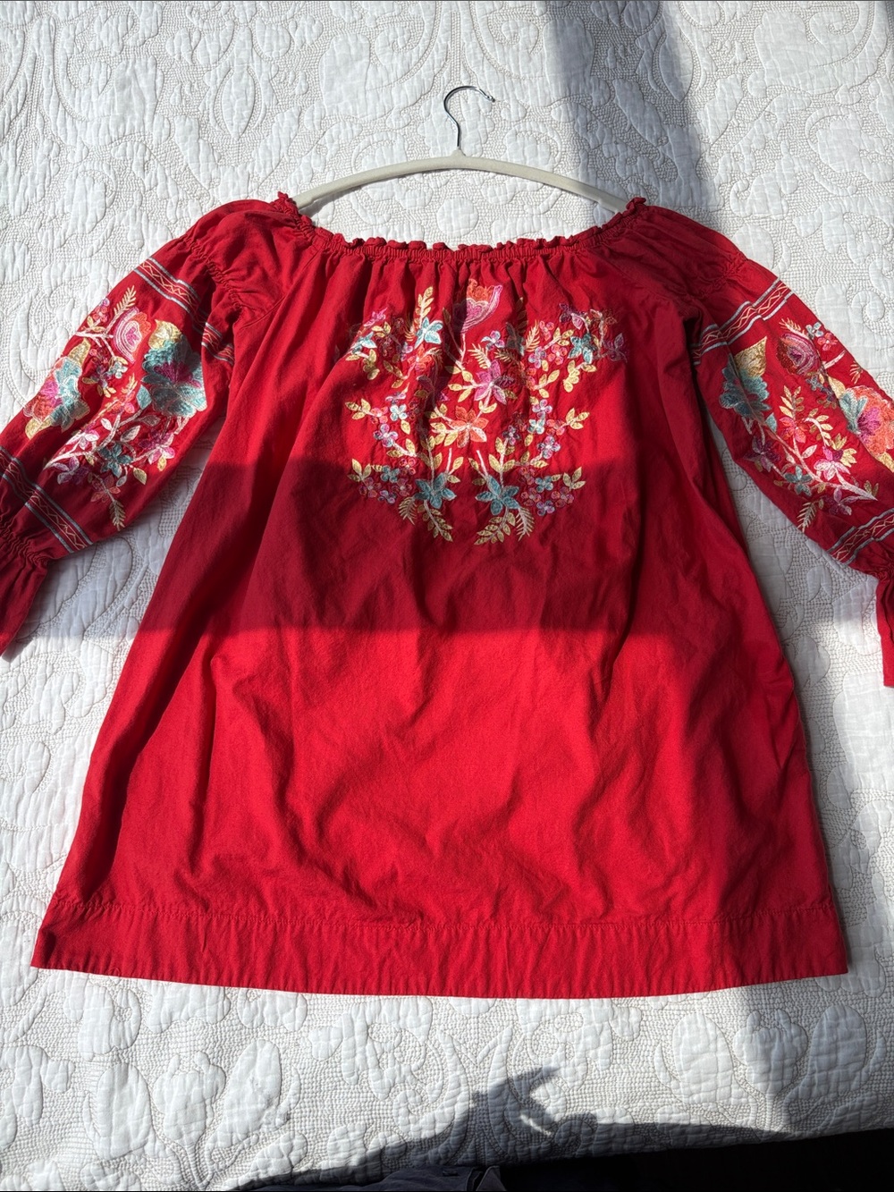 Free People Red Off-Shoulder Embroidered Peasant Tunic